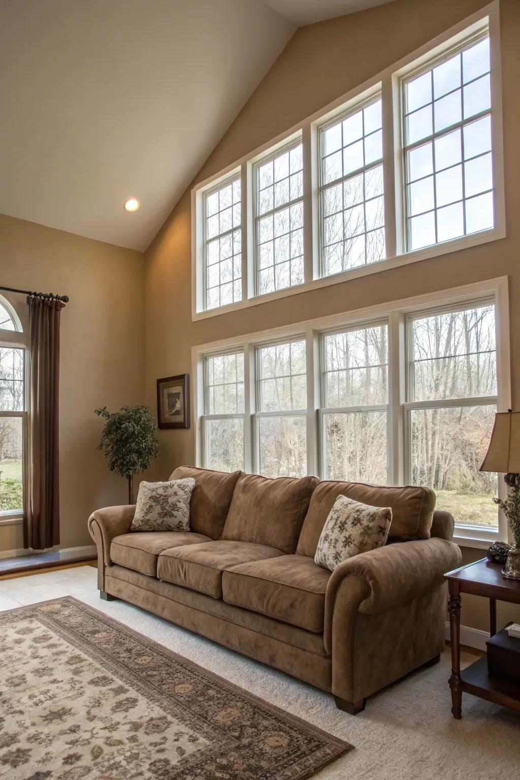 Natural light enhances the airy feel around the mocha couch.