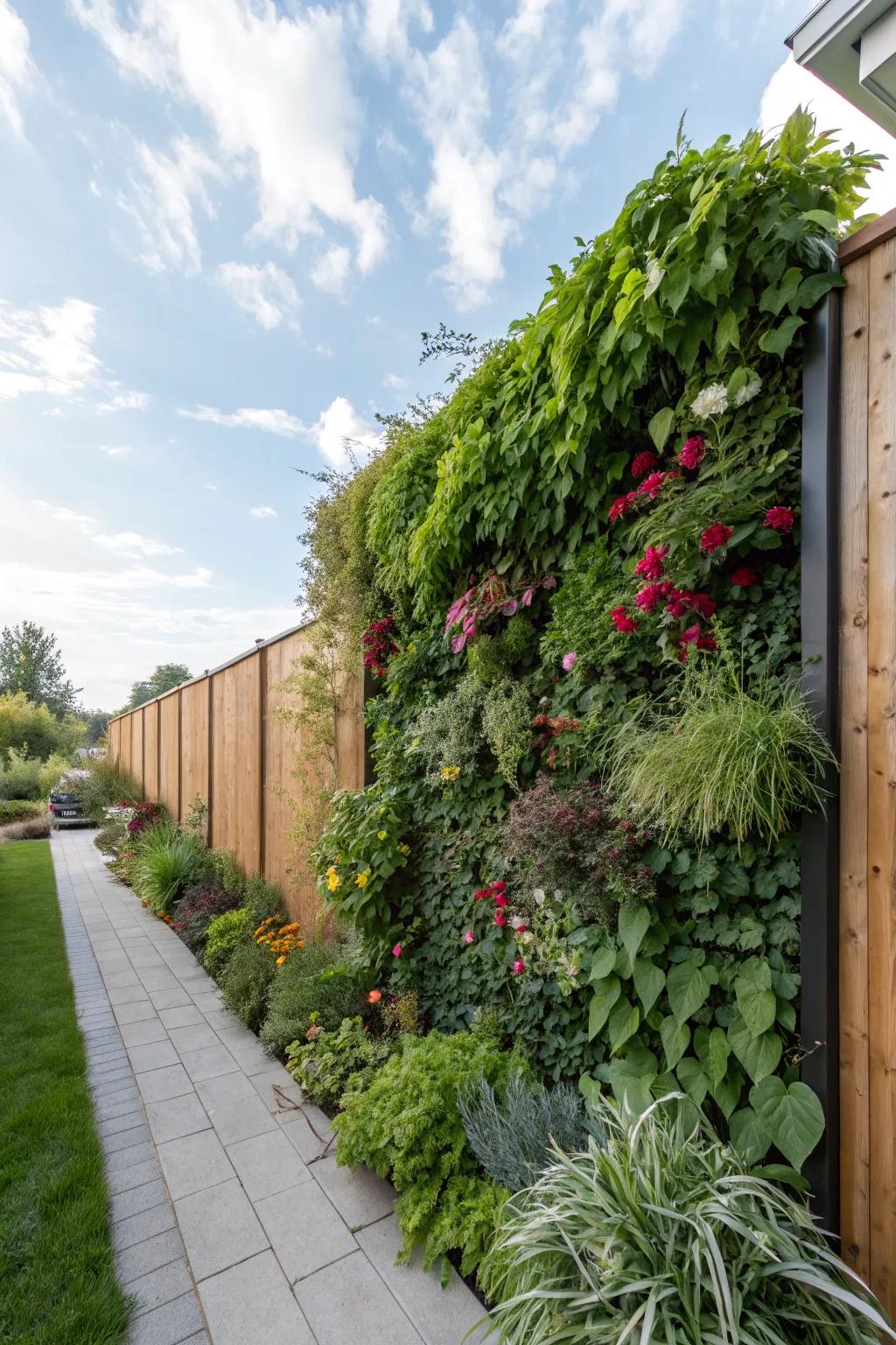 A lush vertical garden wall adding greenery to a backyard.