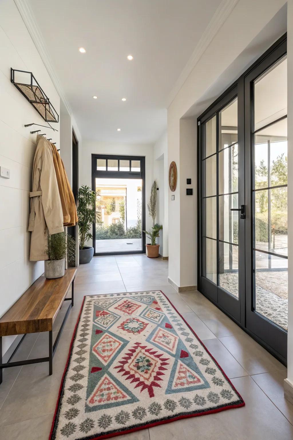 A decorative rug defines the space in a modern entryway.