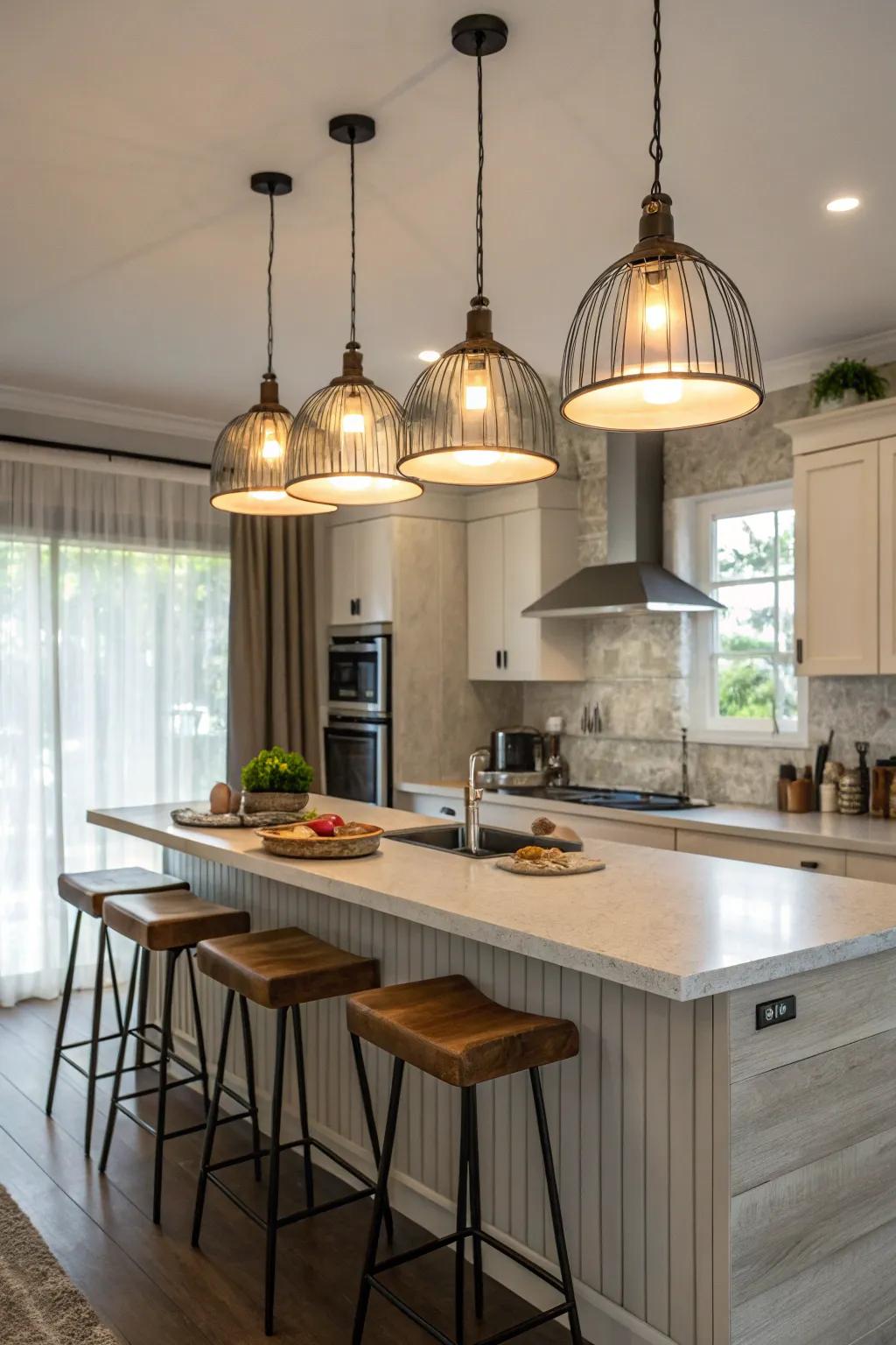 Neutral pendant lights create a serene kitchen atmosphere.