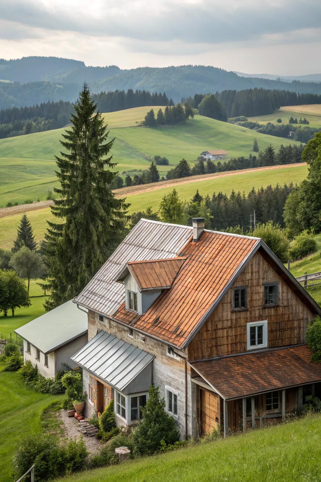 Textural harmony: A farmhouse with a mix of shingles and metal roofing.