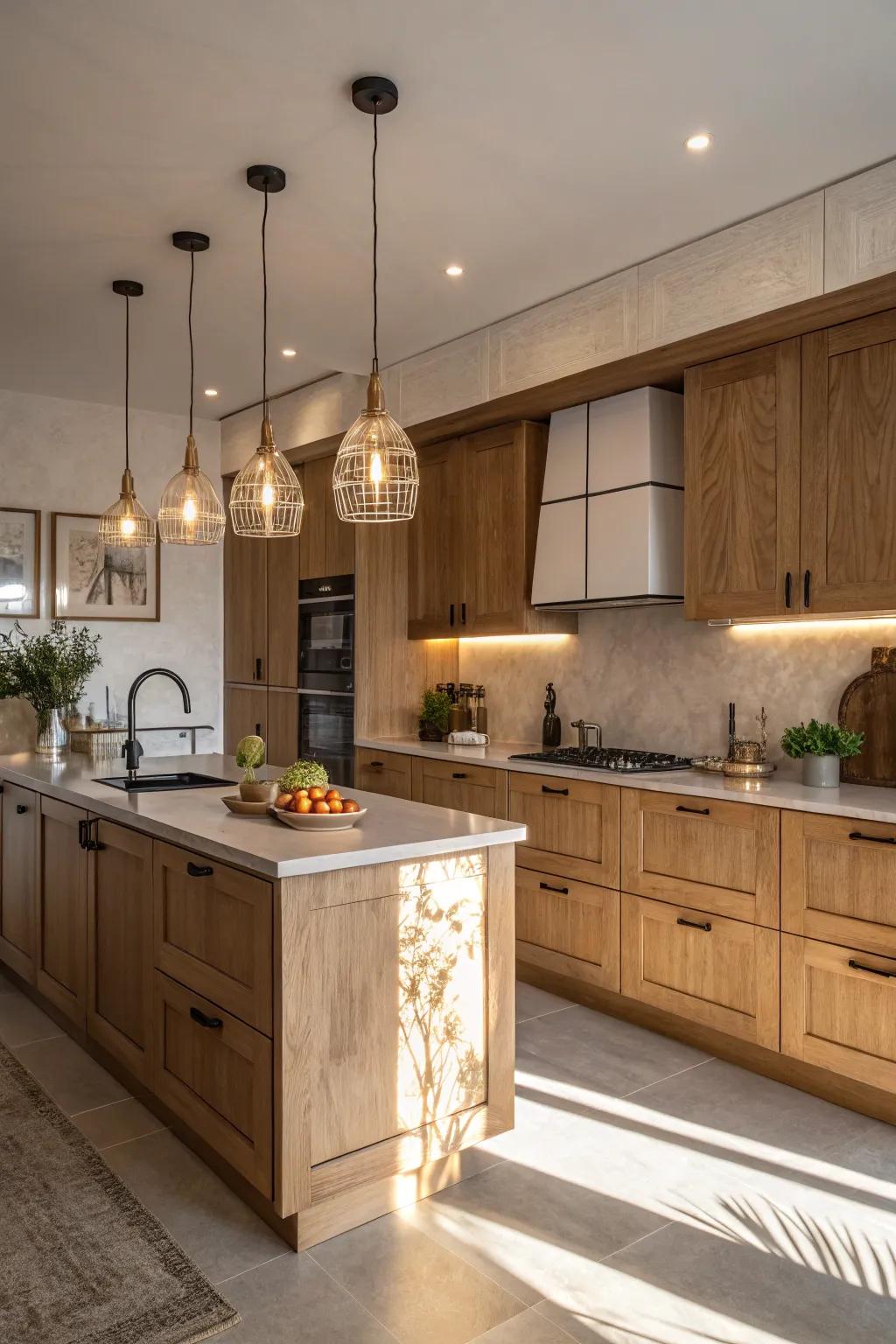 Modern lighting fixtures enhance the warmth and elegance of oak cabinet kitchens.