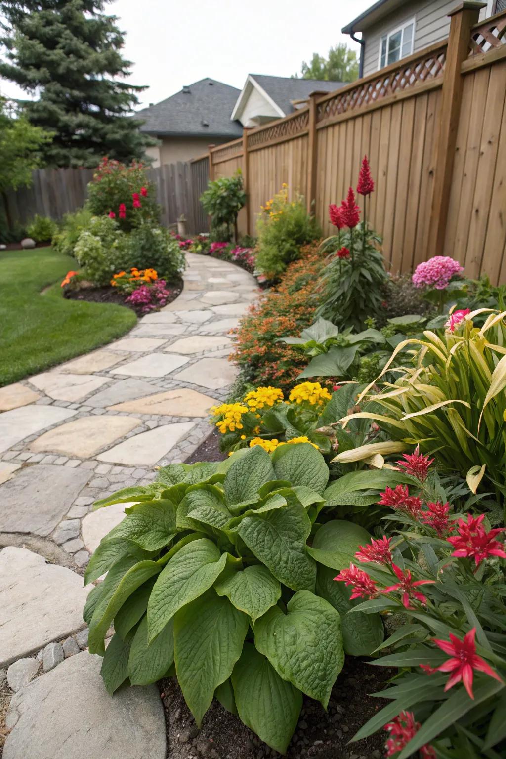 A front yard showcasing contrasting textures and colors for a visually appealing design.