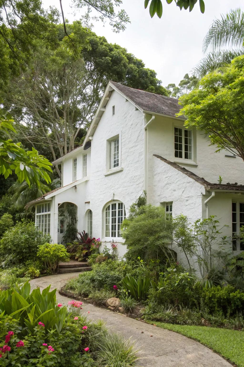 Alabaster stucco home surrounded by greenery.