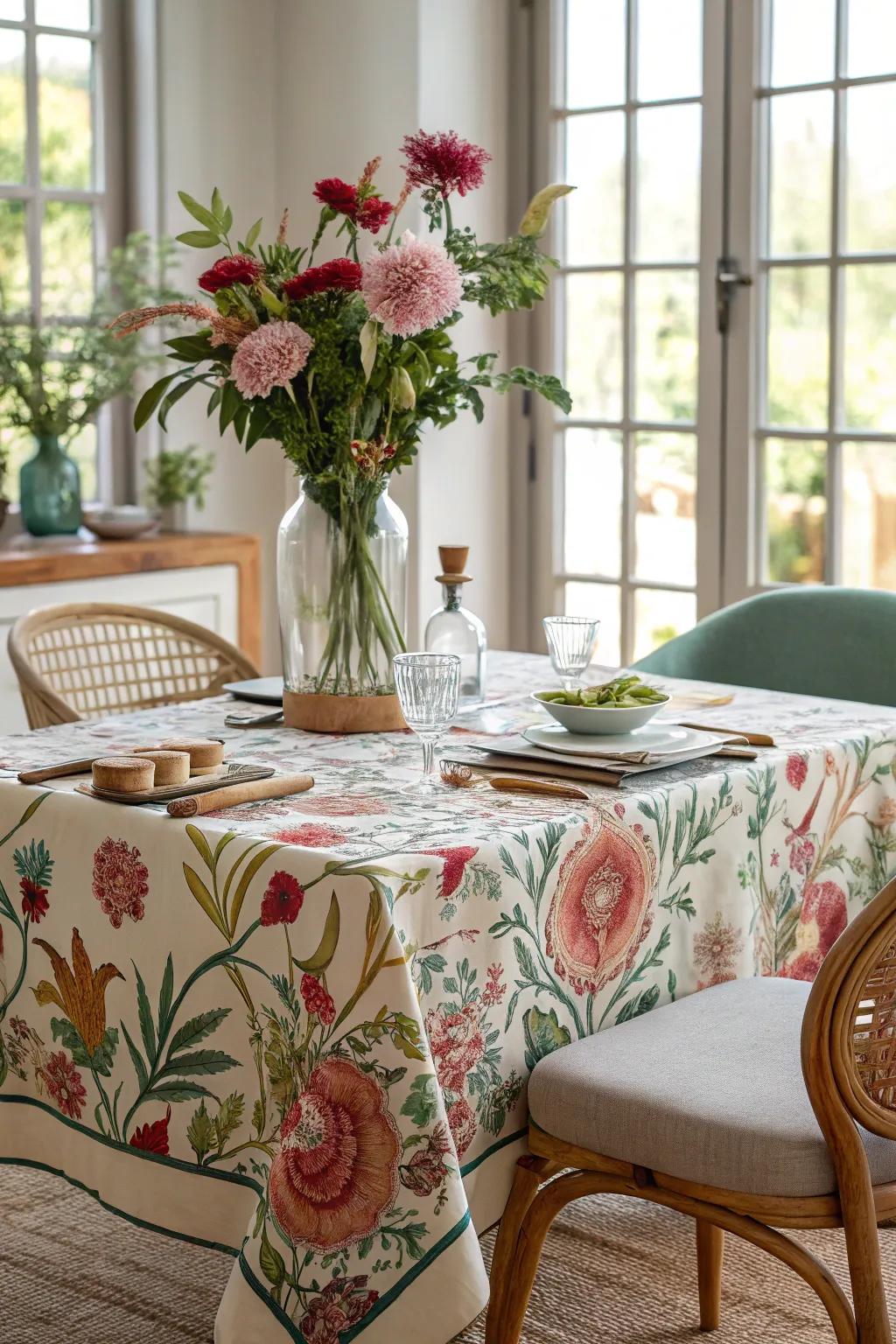 Floral patterns bring a fresh touch to modern dining tables.