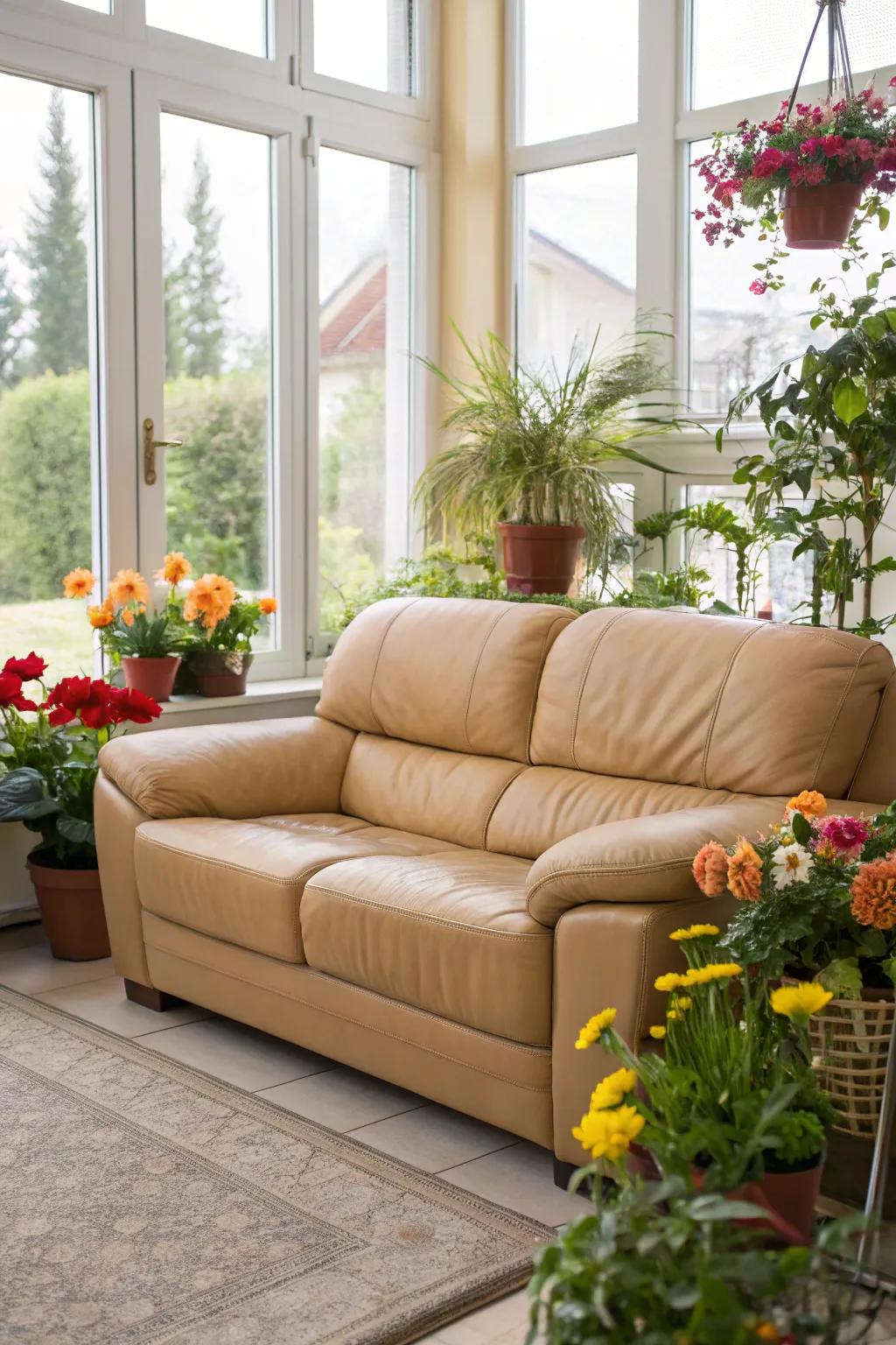 Natural elements enliven a living room with a tan leather sofa.