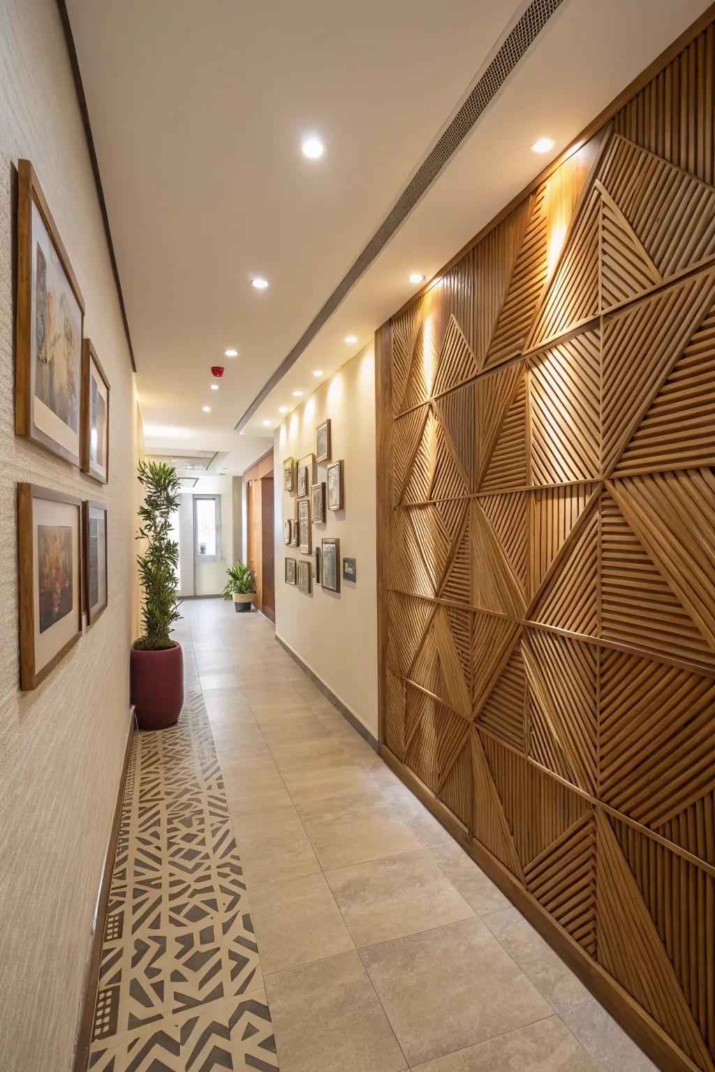 Turn your space into an art piece with a geometric wood slat accent wall.