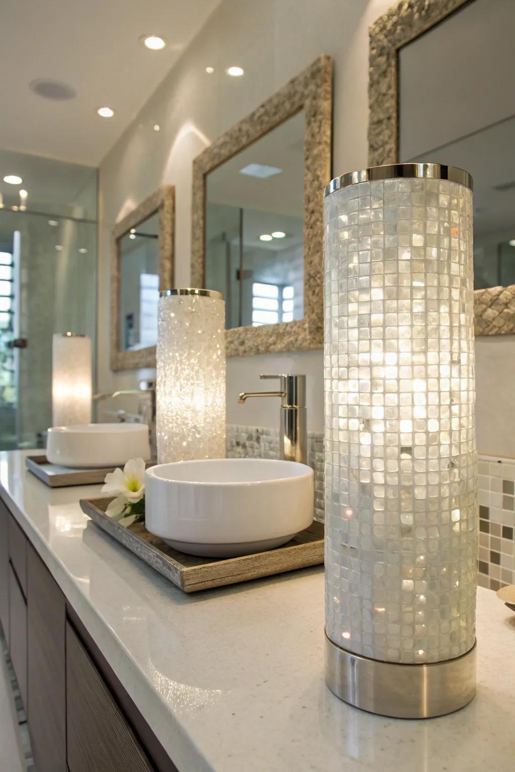 Strategic lighting can enhance the natural luster of mother of pearl tiles.