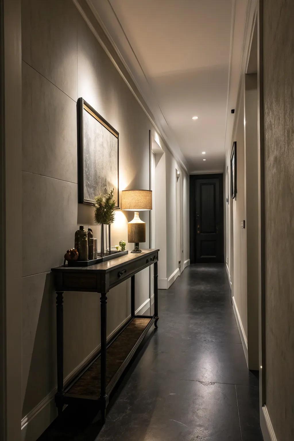 Slim furniture can add both function and style to a narrow hallway.