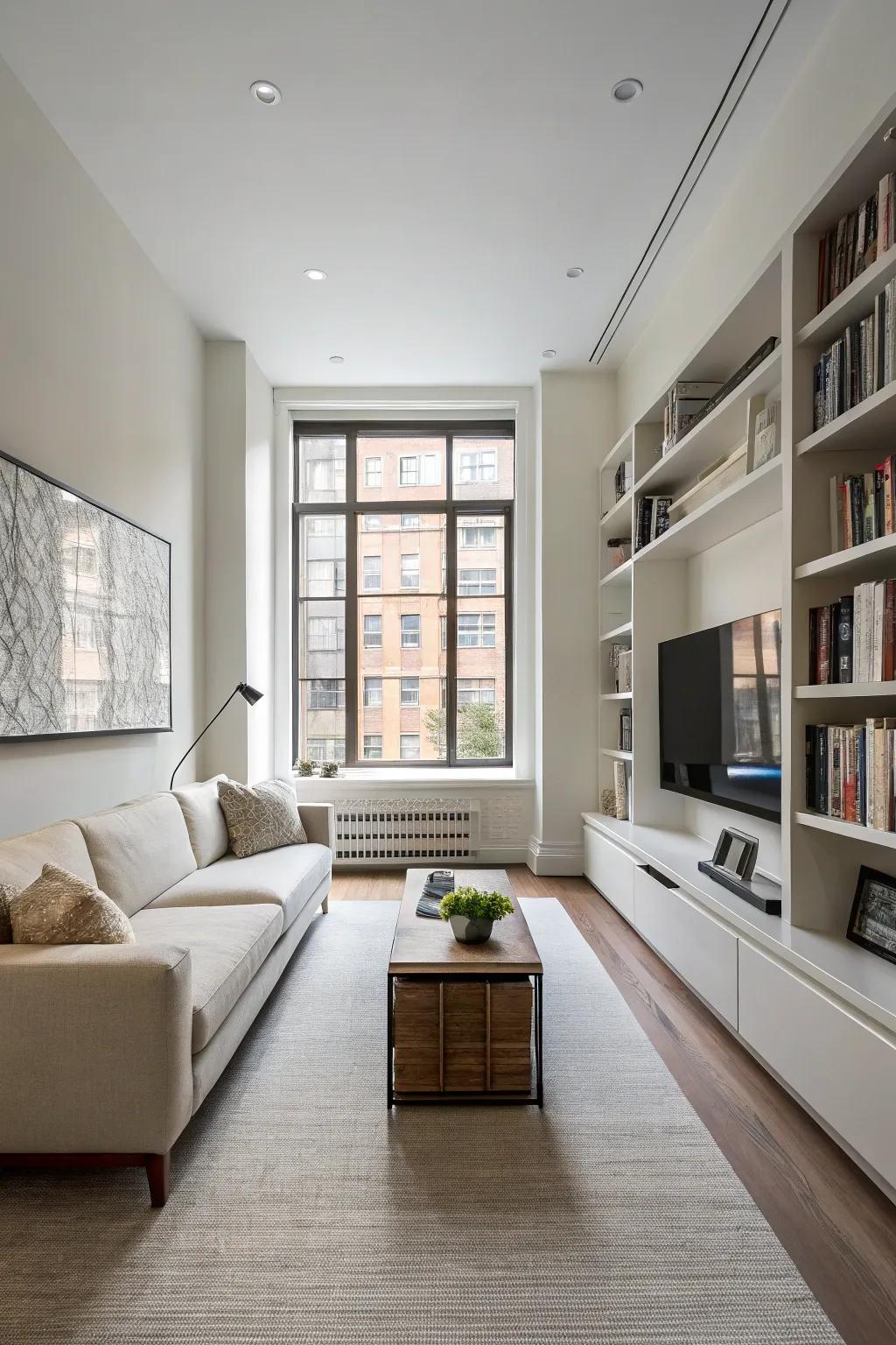 Sleek furniture pieces maintaining an open feel in a narrow living room.