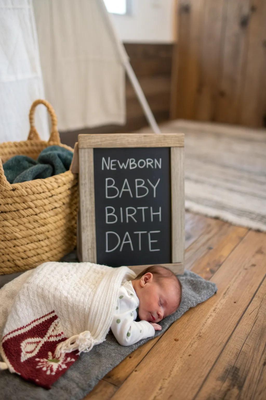 A personalized chalkboard announcement for the newborn.