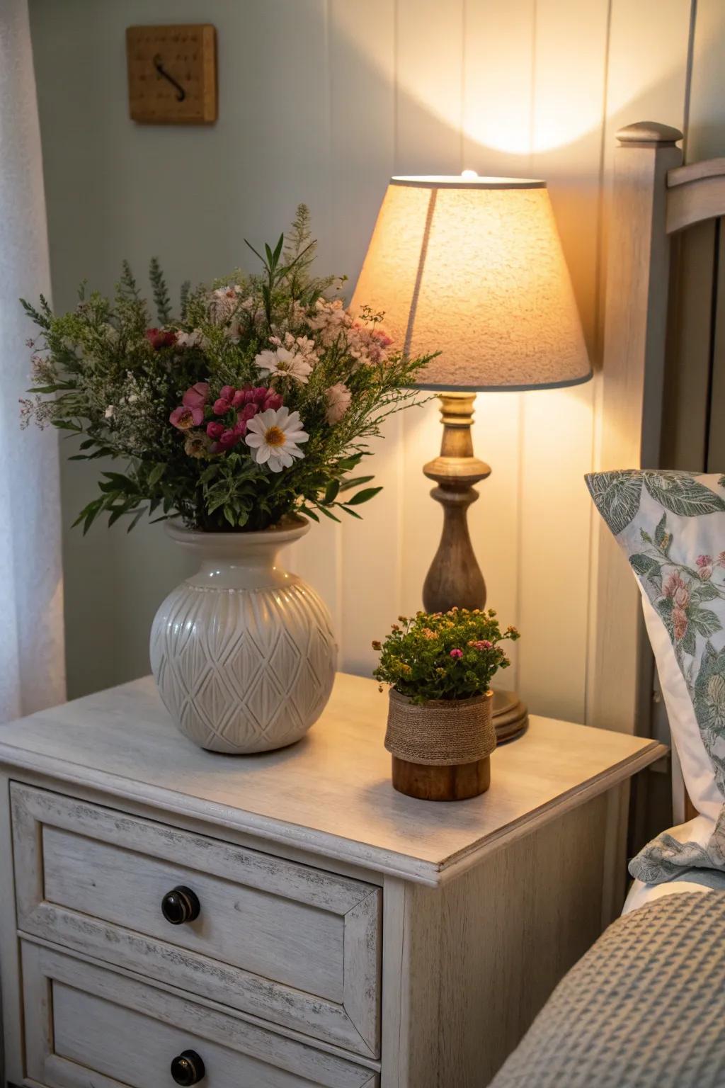 Infuse your space with natural beauty by incorporating plants into your nightstand decor.