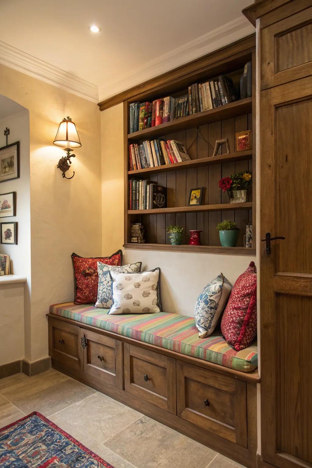 Turn an alcove into a snug retreat with a bench and a splash of color.