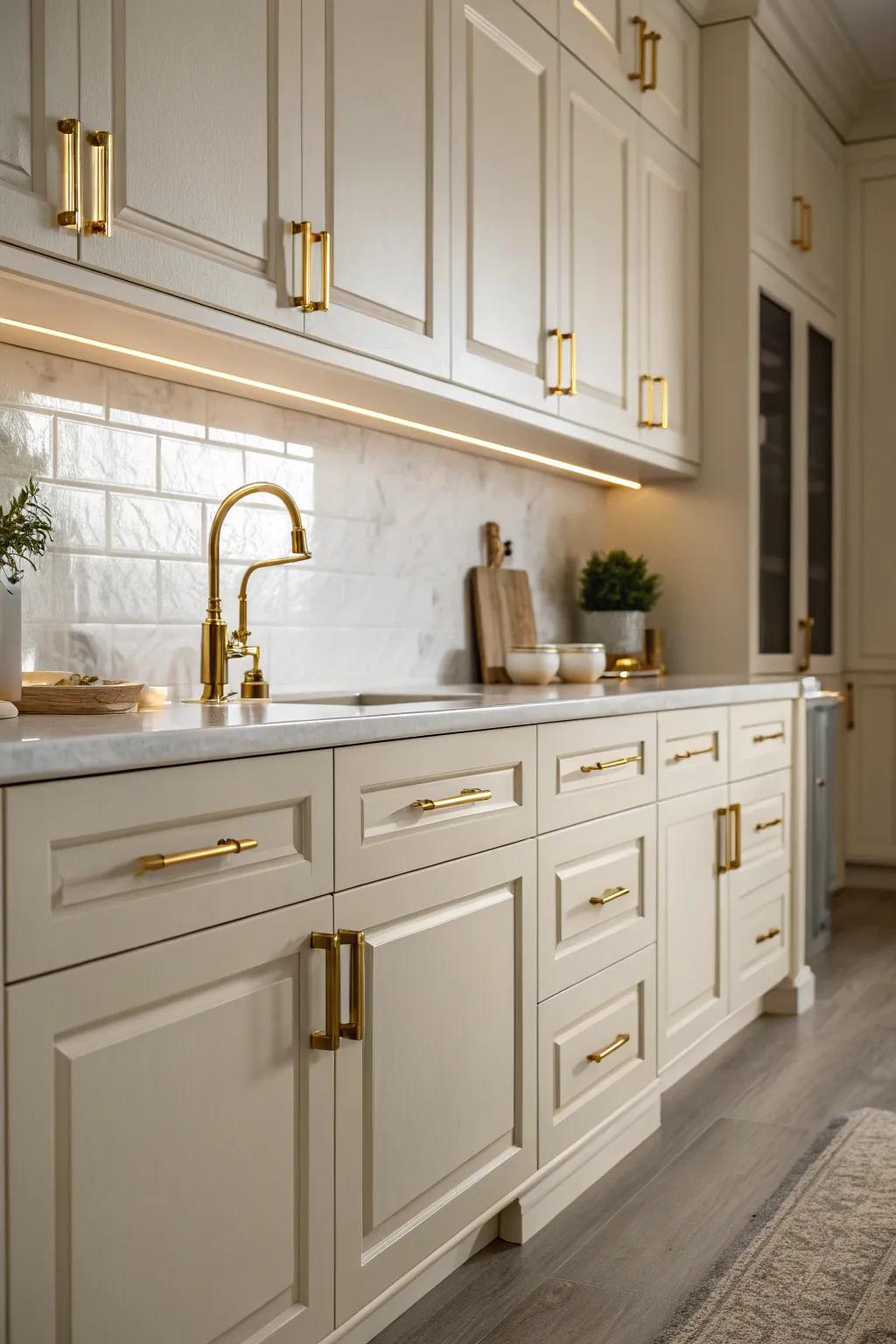 Gold accents highlight the elegance of off-white cabinets.