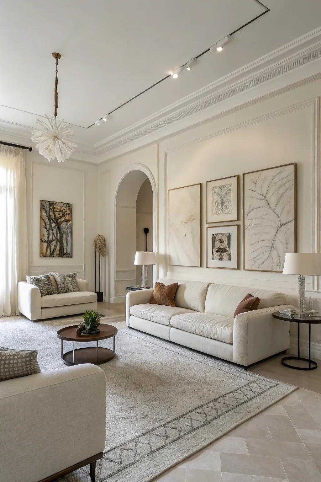 Abstract art brings character to an off white living room.