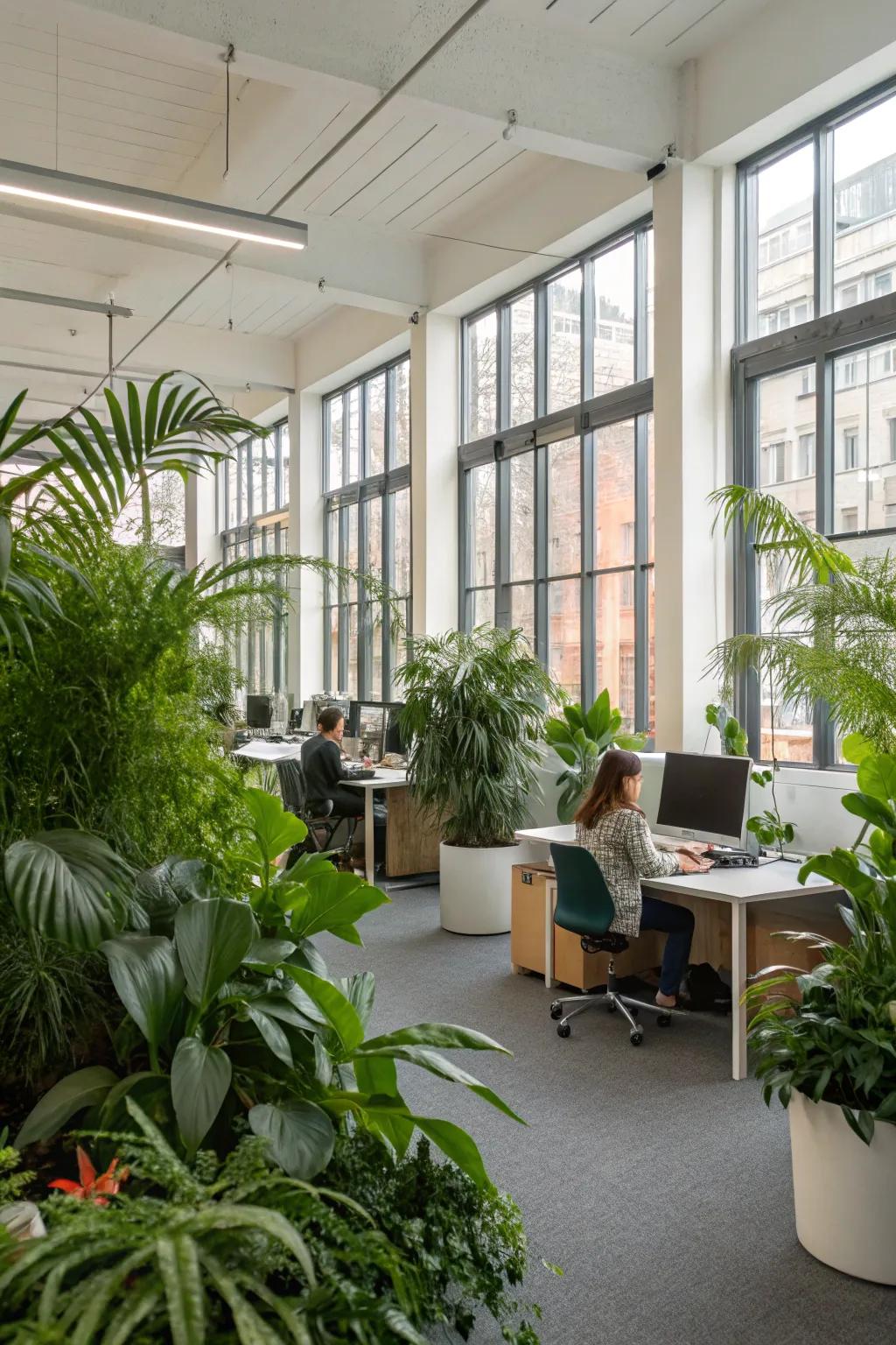 Office space enhanced with greenery for a lively atmosphere.