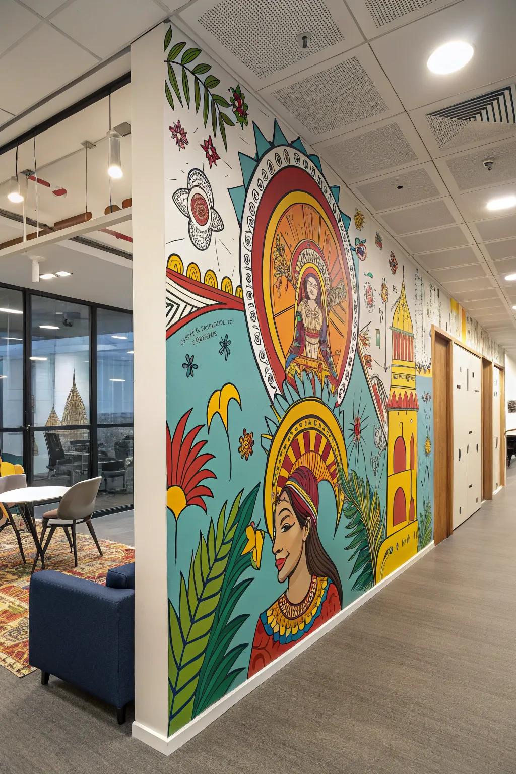 Add a unique cultural flair to your workspace with artistic murals.