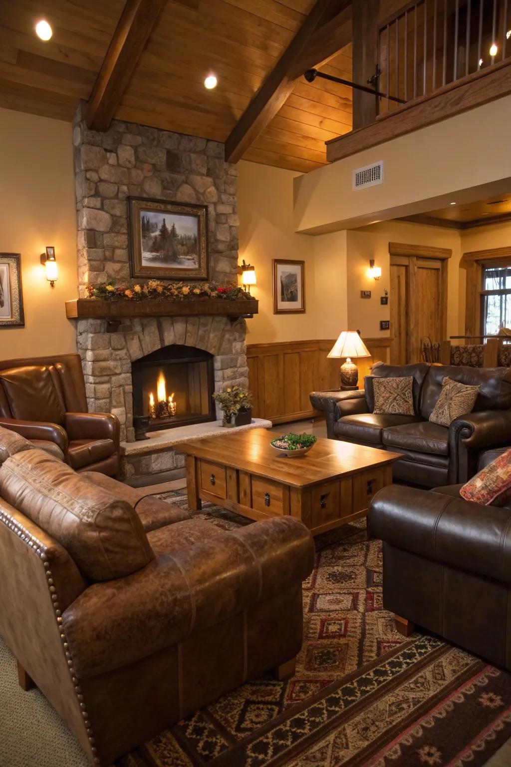 A cozy lodge living room with comfortable leather sofas and plush seating.