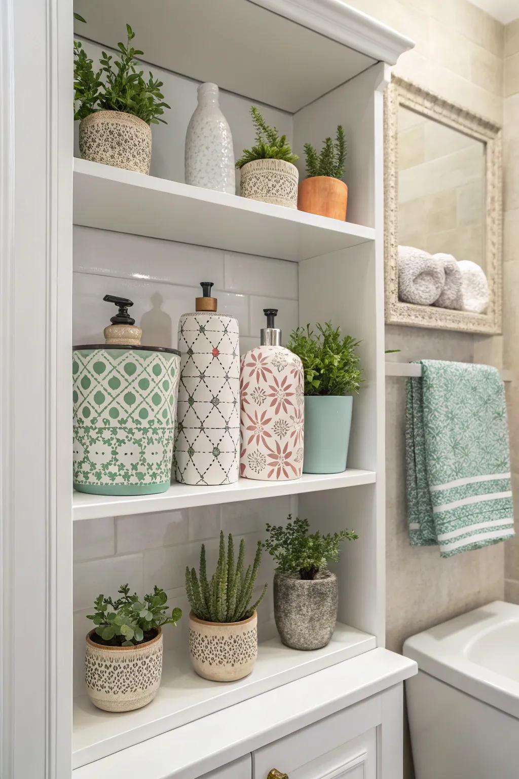 Decorative elements add a personal touch to open linen closets.