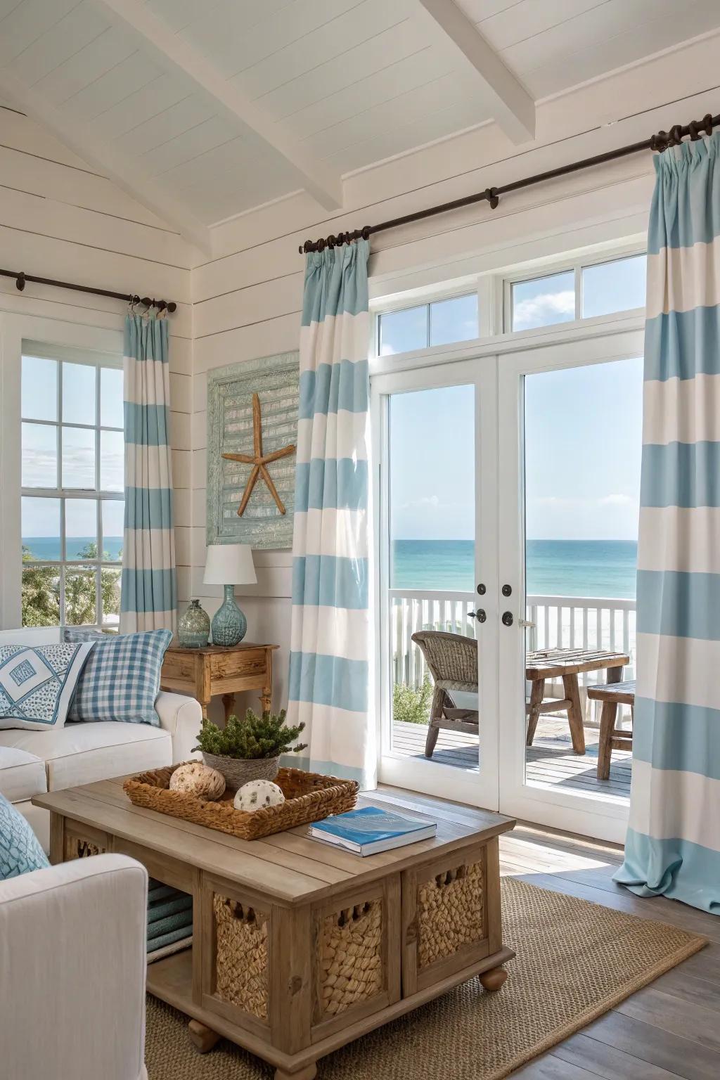 A coastal retreat theme evokes relaxation and vacation vibes.