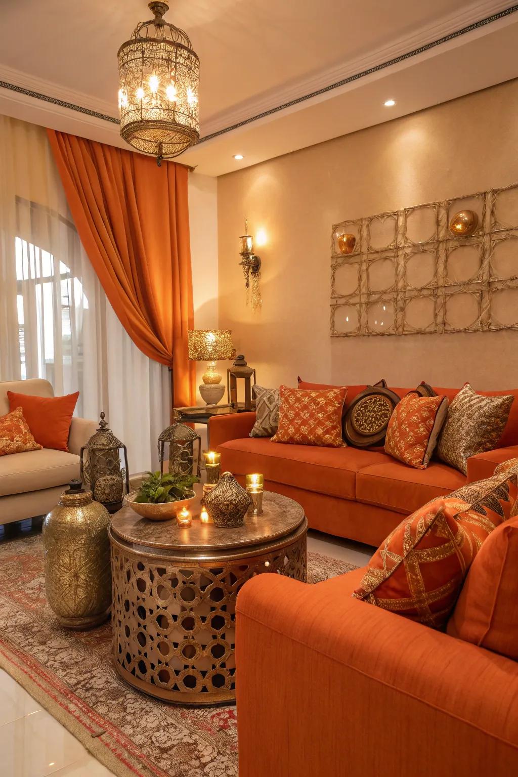 An elegant living room with orange decor and metallic accents.