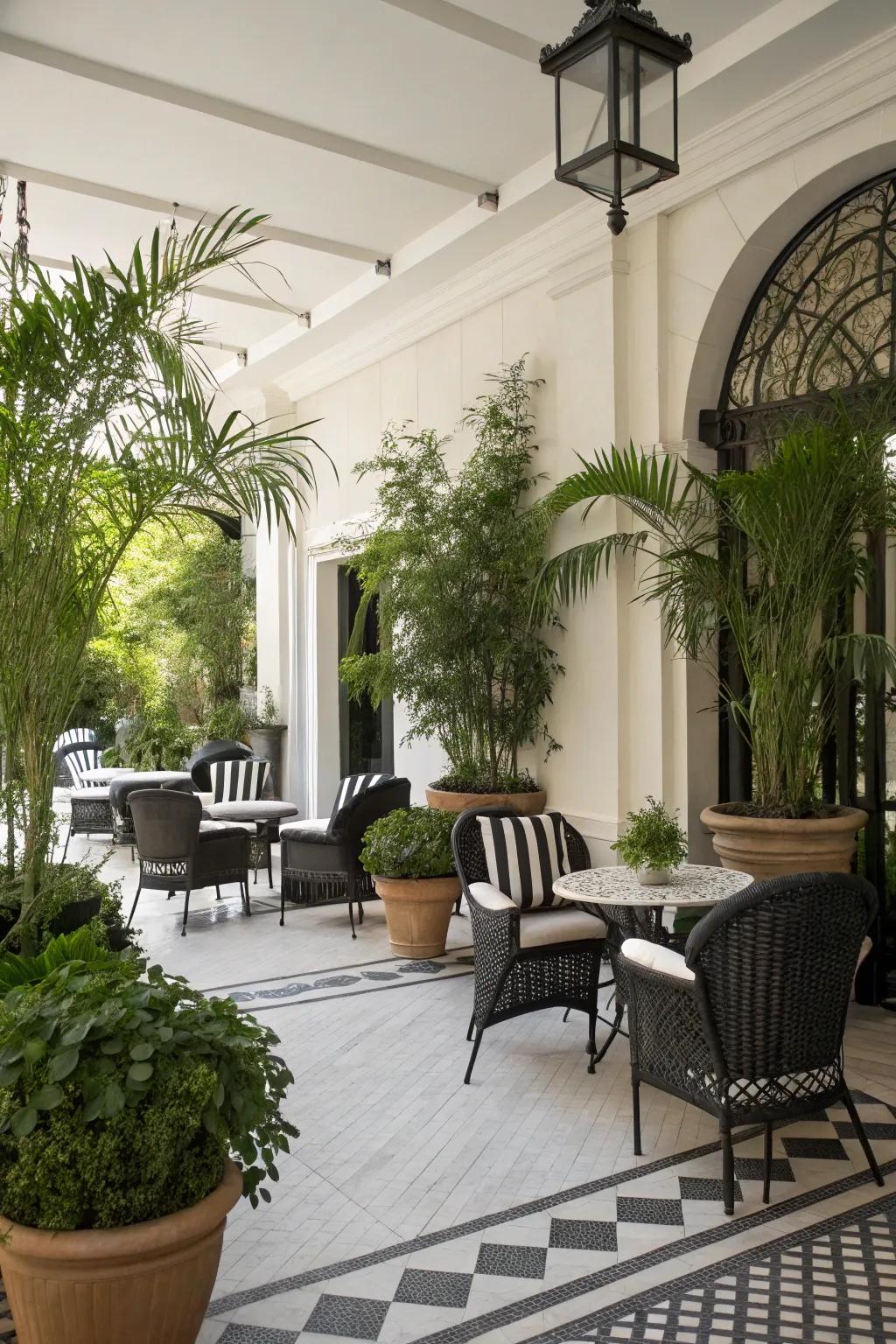 A lively patio where greenery contrasts beautifully with the black and white decor.