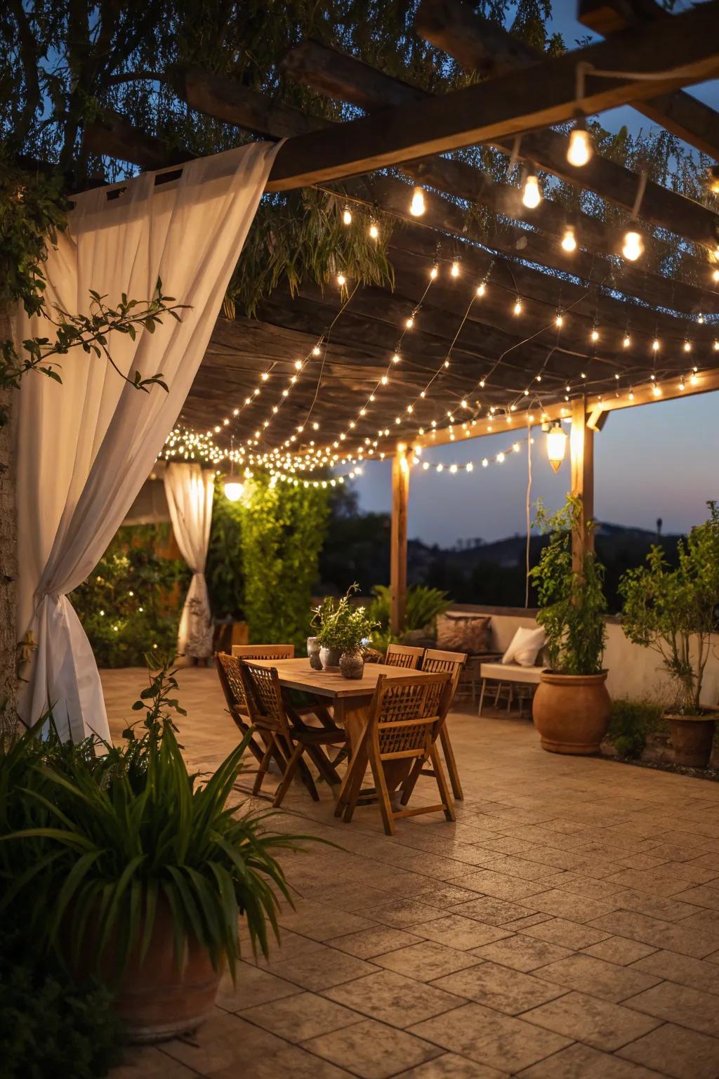 String lights add a magical touch to outdoor evenings.