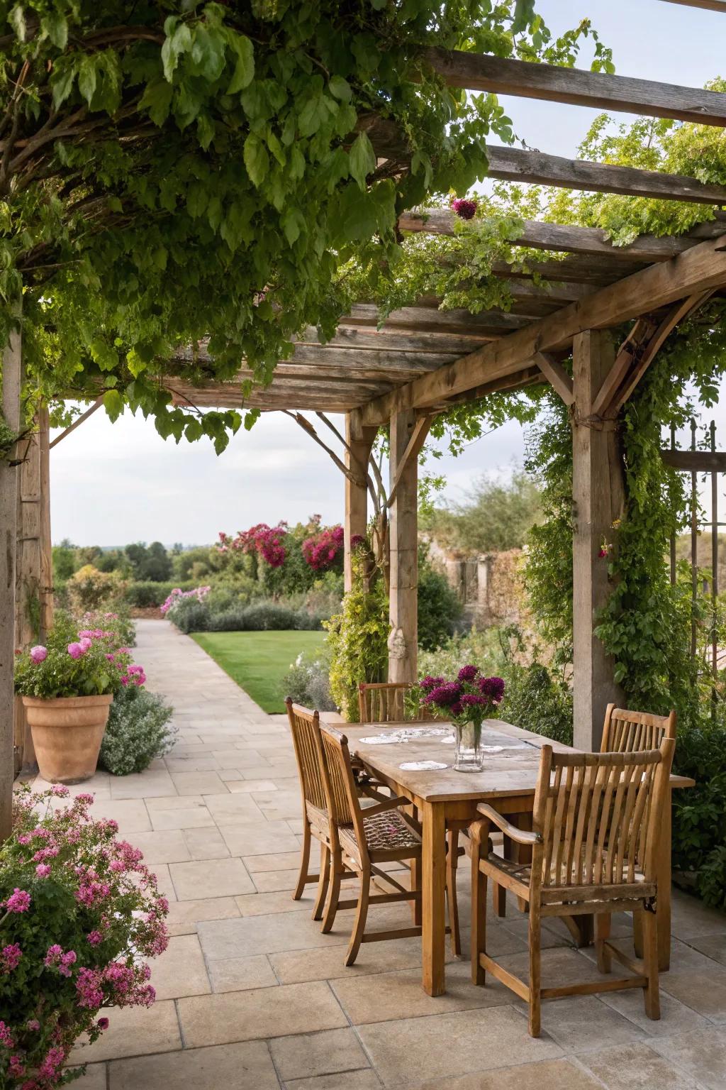 A wooden pergola offering shade and style to the garden.