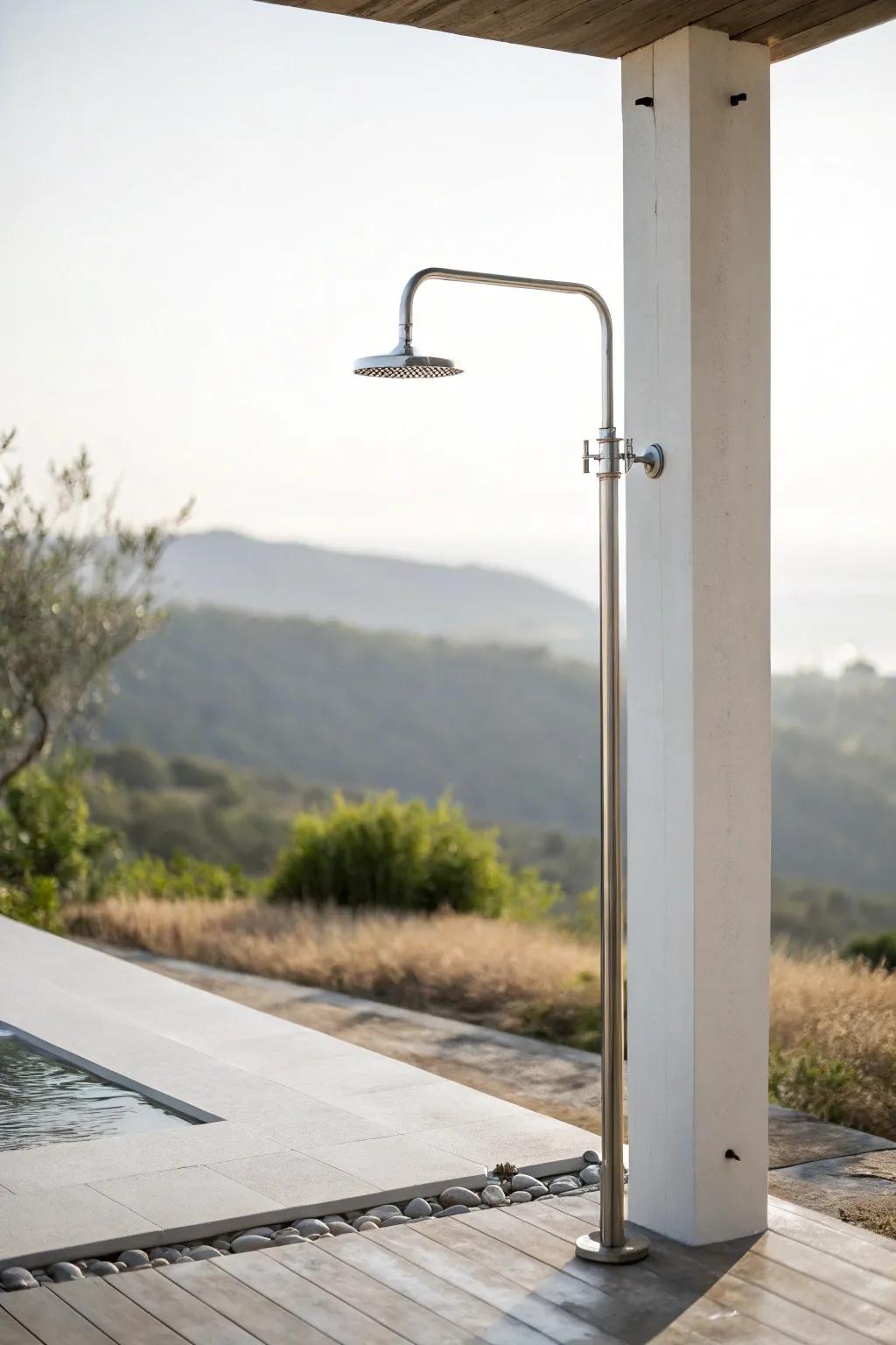 A minimalist outdoor shower with simple, clean lines.