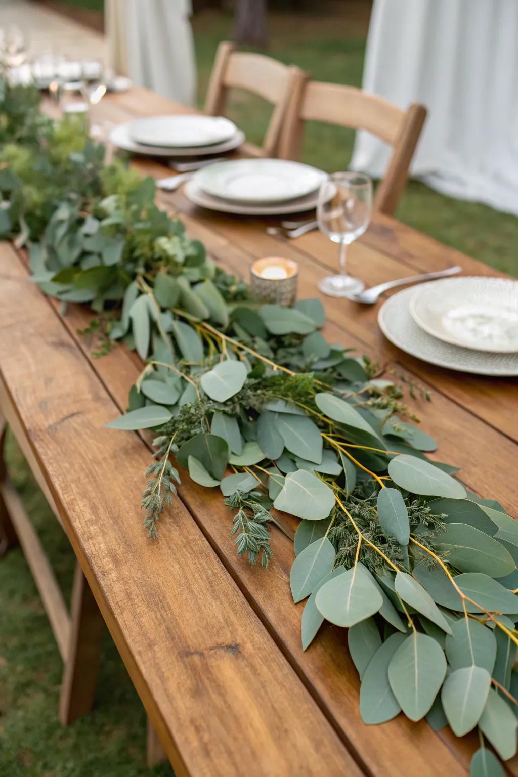 A lush greenery centerpiece with eucalyptus.