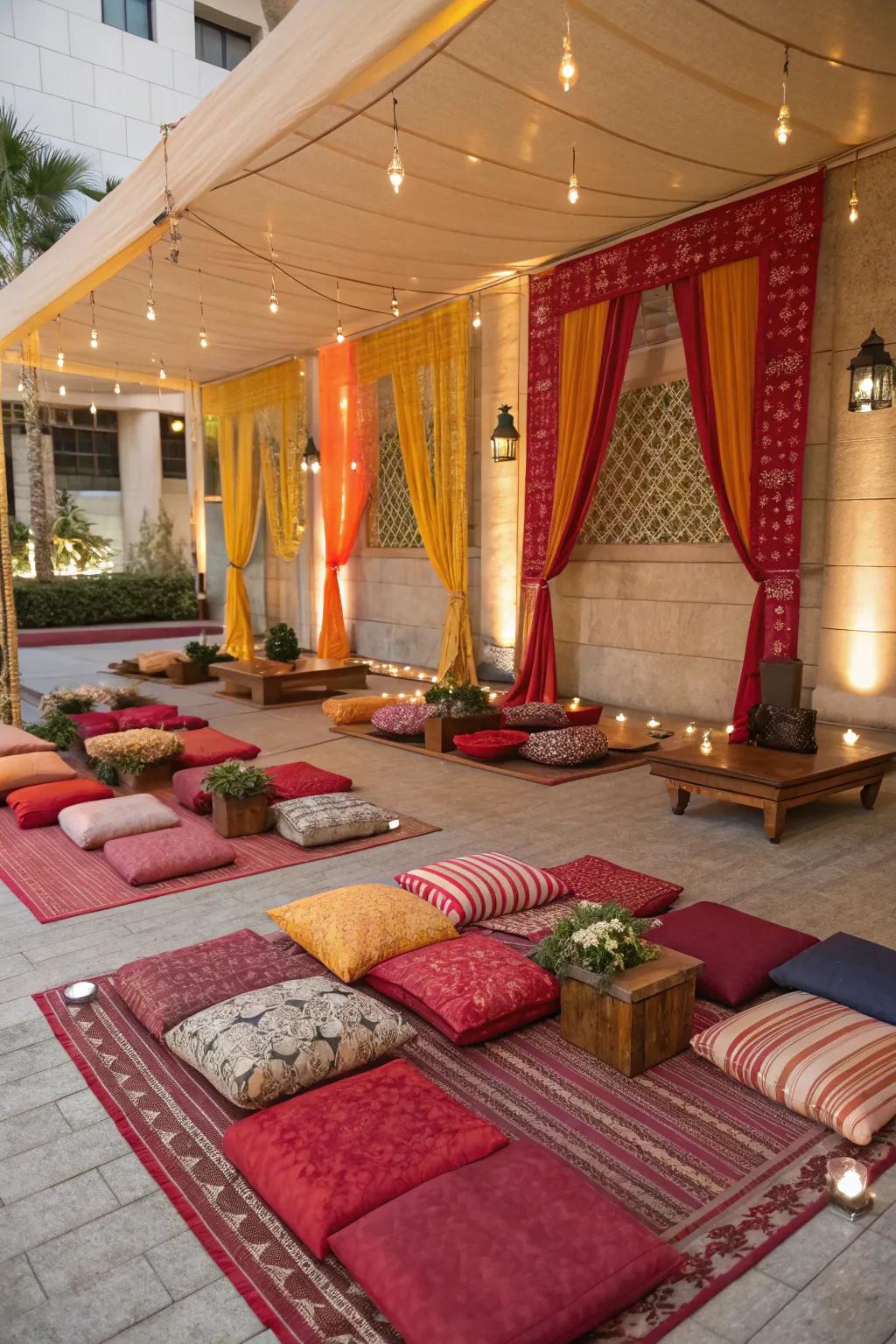 Cozy seating arrangements with cushions and mats at a pasni ceremony.