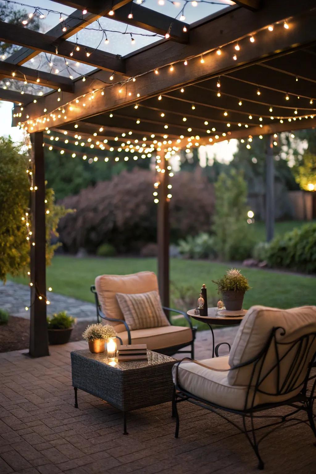 A fairy light canopy adds whimsy to your patio.