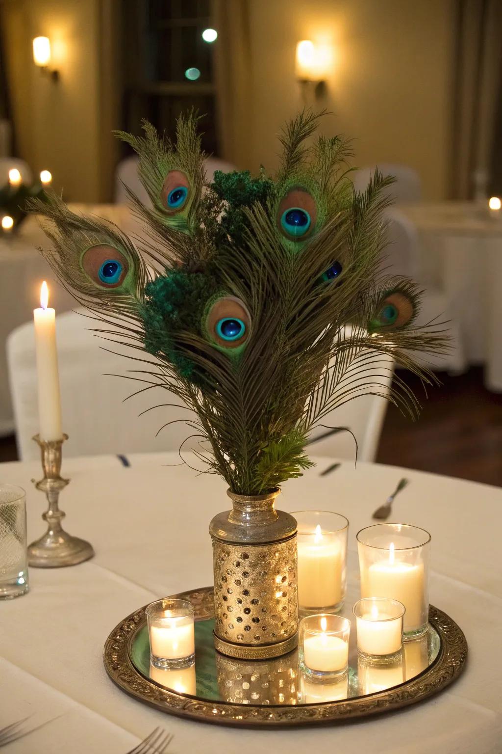 A reflective centerpiece that enhances the beauty of peacock feathers.