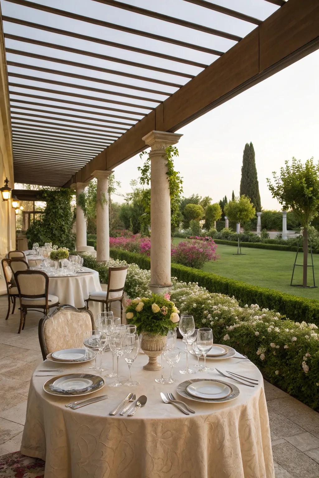 An elegant dining space makes for memorable meals under the stars.