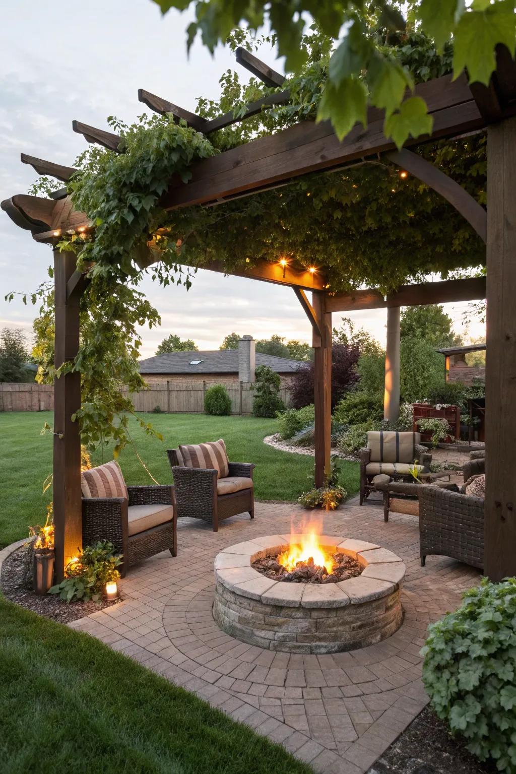 A fire pit beneath your pergola creates a warm gathering spot.