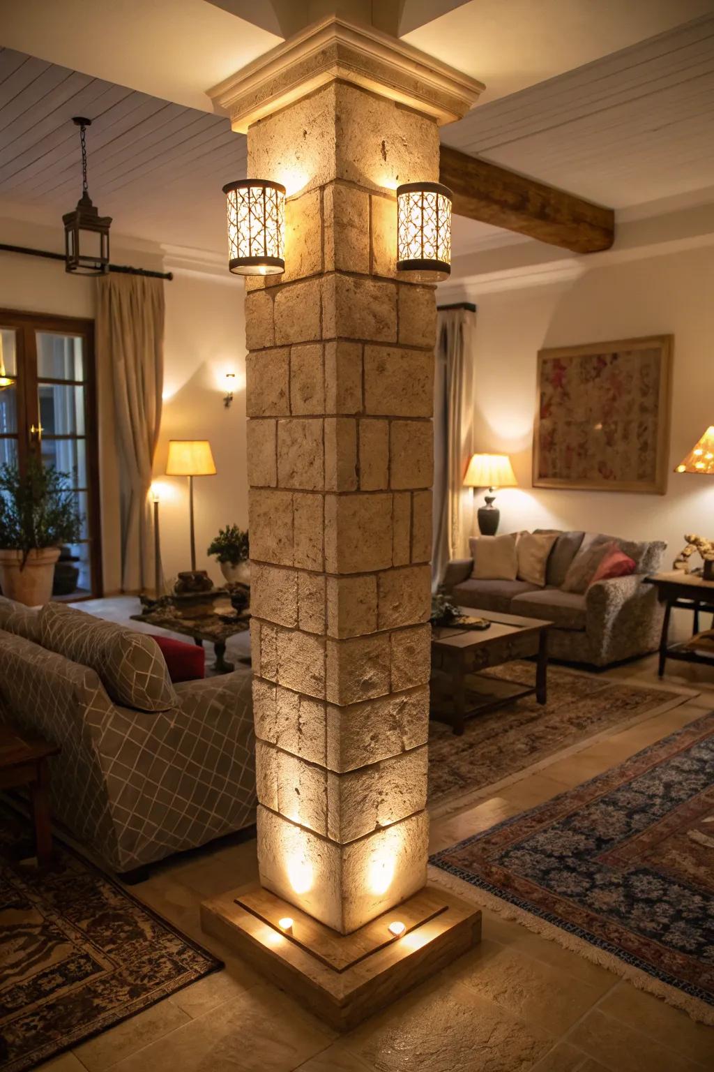 Integrated lighting can turn pillars into glowing architectural highlights.