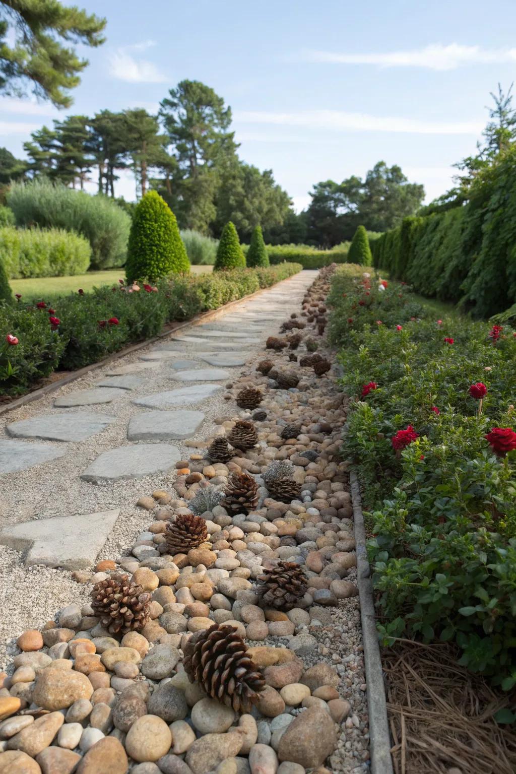 Pinecones combined with stones create a dynamic landscape.