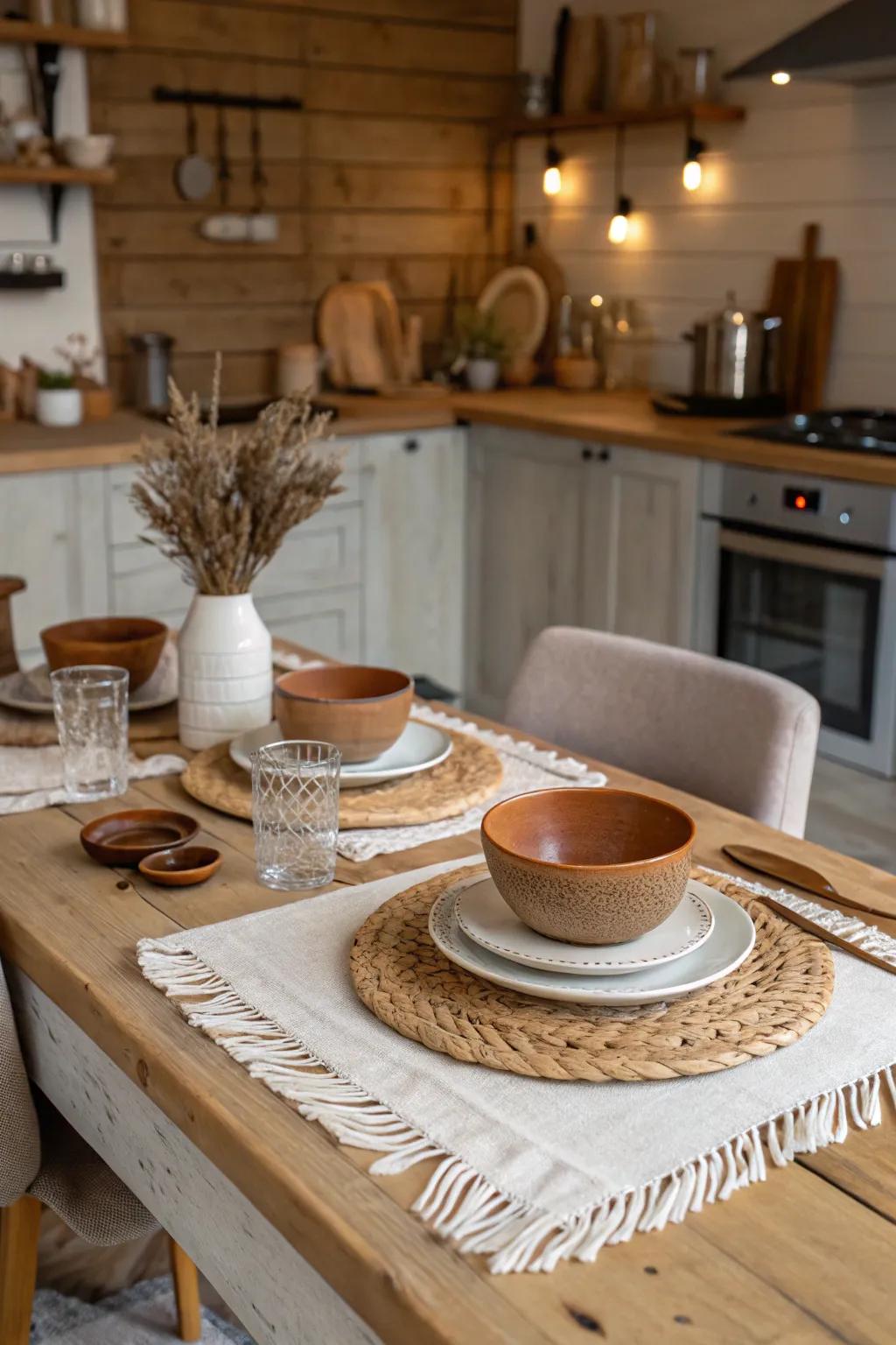 Neutral and rustic styles bring warmth and coziness to your dining table.