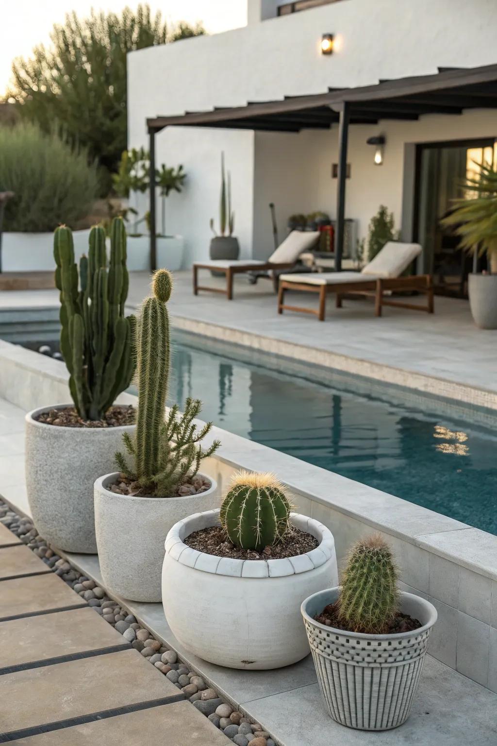 Cacti offer a unique, modern flair to poolside decor.