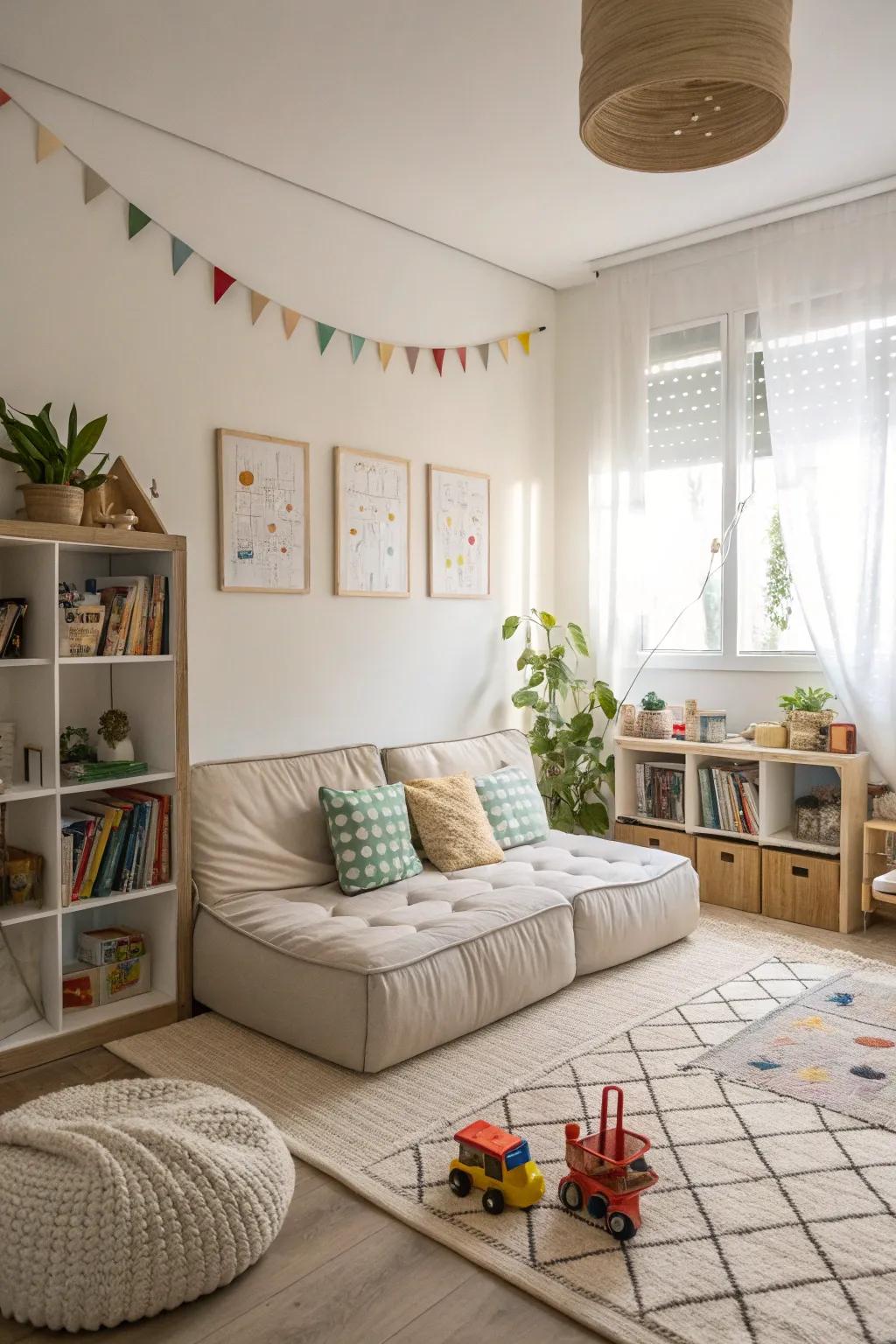 A modern playroom with a low-profile modular couch.