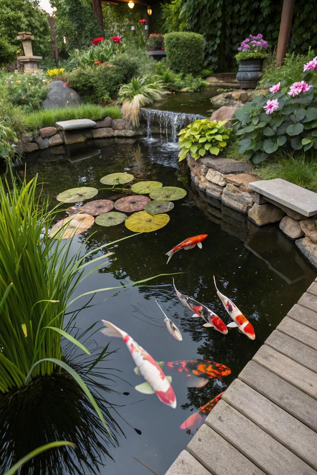 A backyard pond brimming with colorful koi fish.