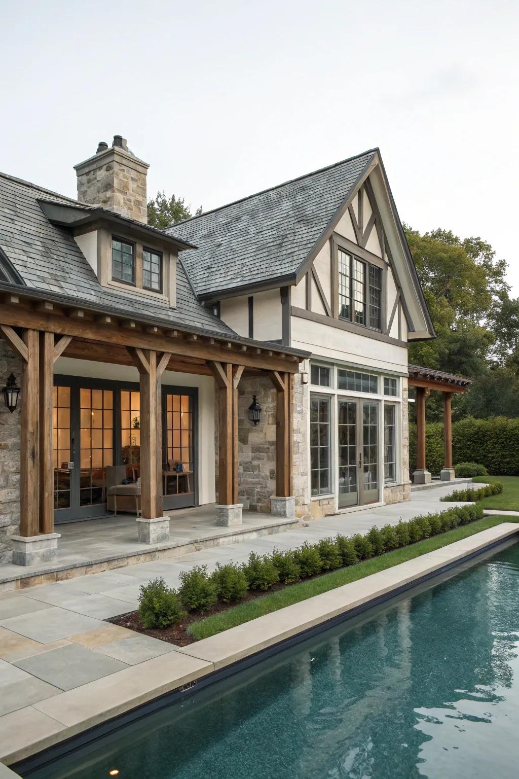 A pool house showcasing diverse architectural styles.