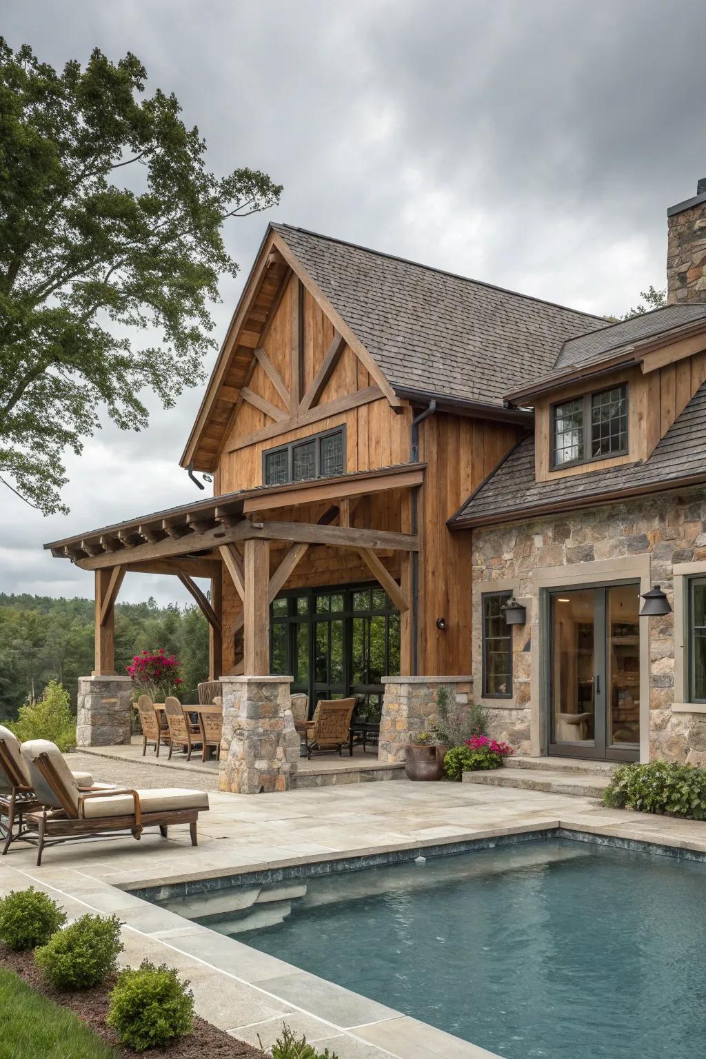 Embrace natural charm with wood and stone accents in your pool house