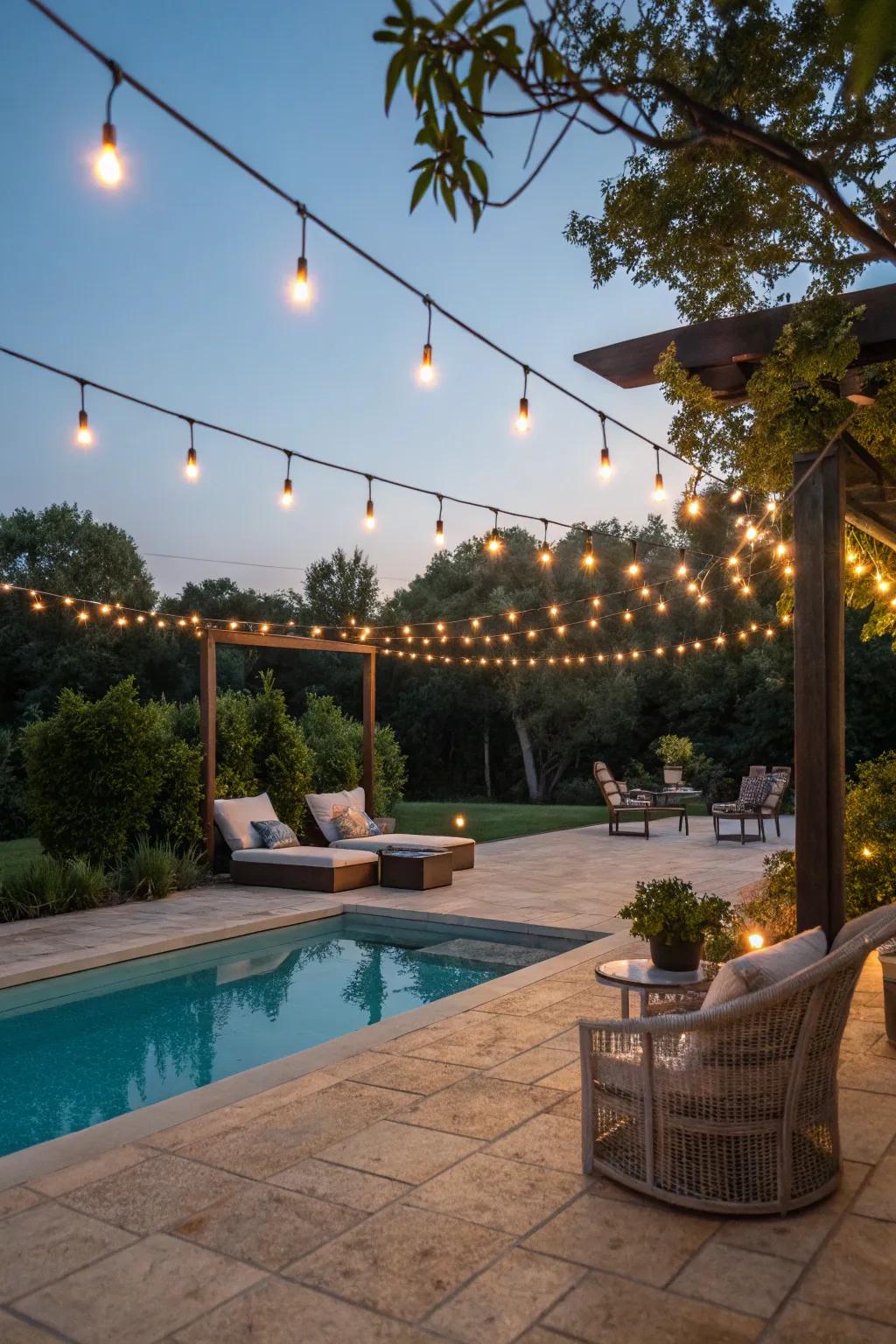 Transform your poolside into a magical retreat with twinkling string lights.