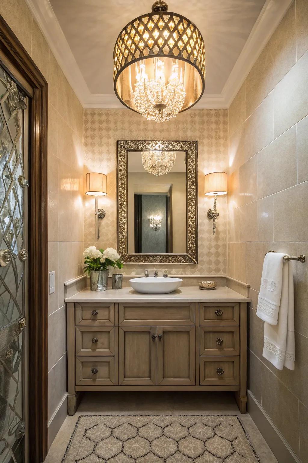 A powder room featuring a unique decorative light fixture.