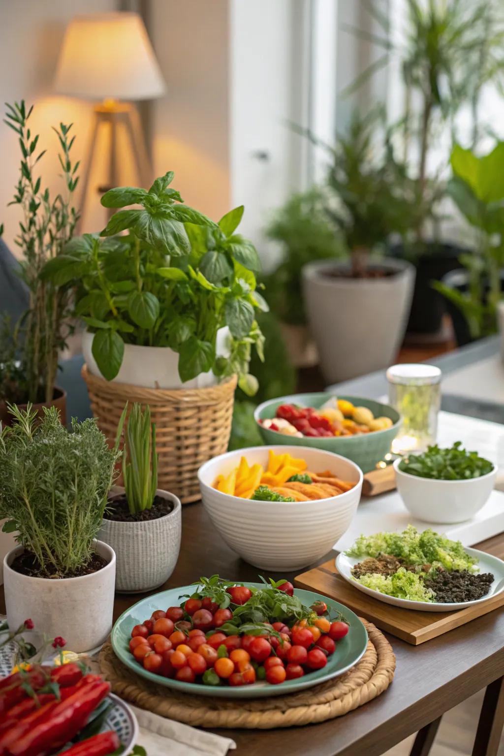 A dining table with dishes made from fresh garden produce, complemented by potted plants and herbs.