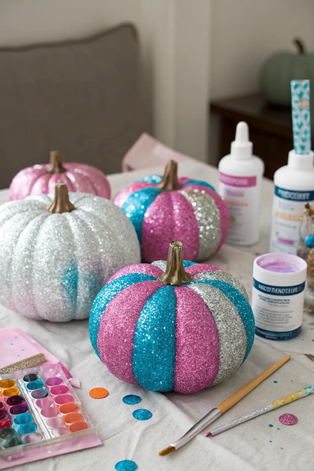 Glitter-covered pumpkins sparkling in the light.