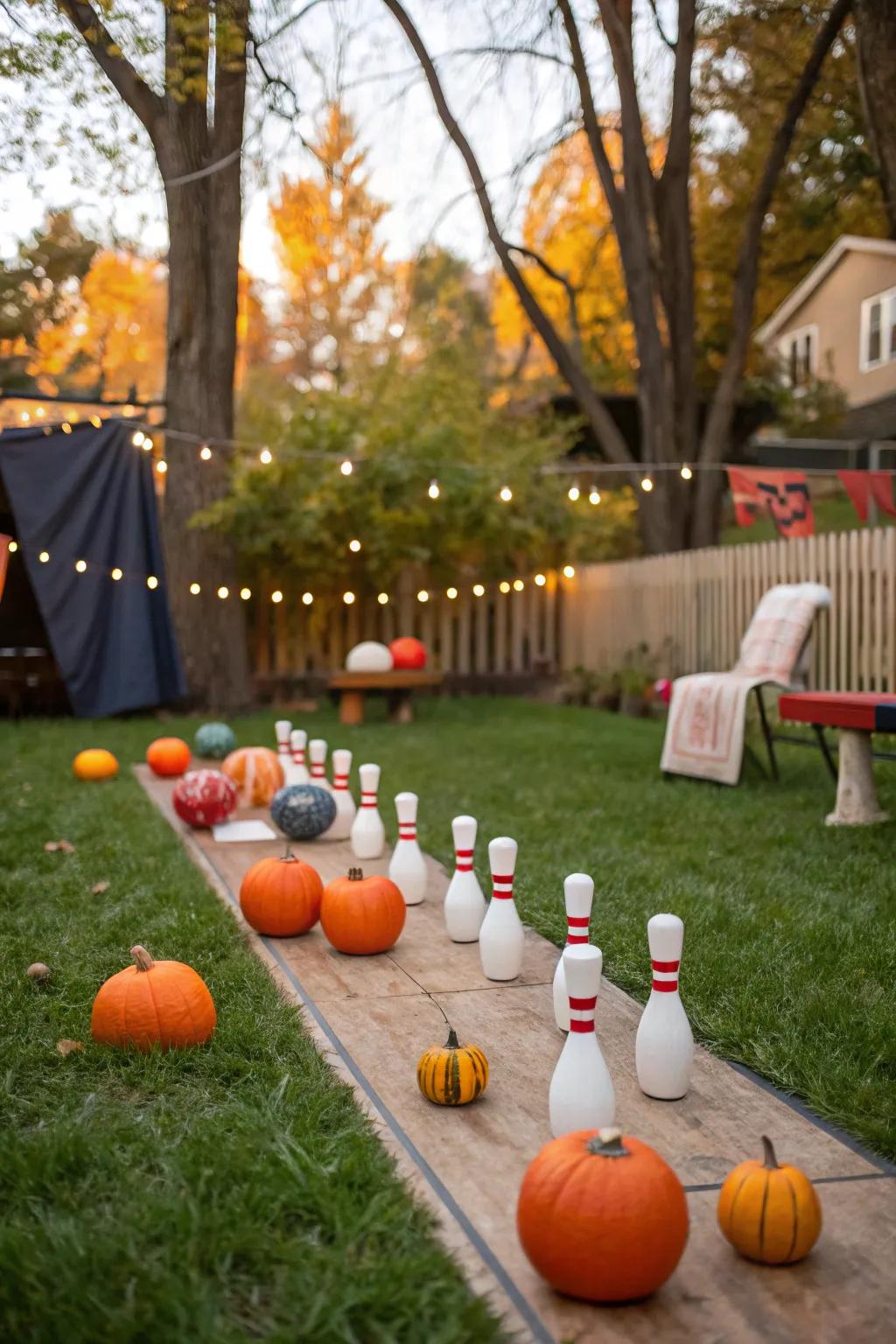 A playful pumpkin bowling game adds fun to the party.