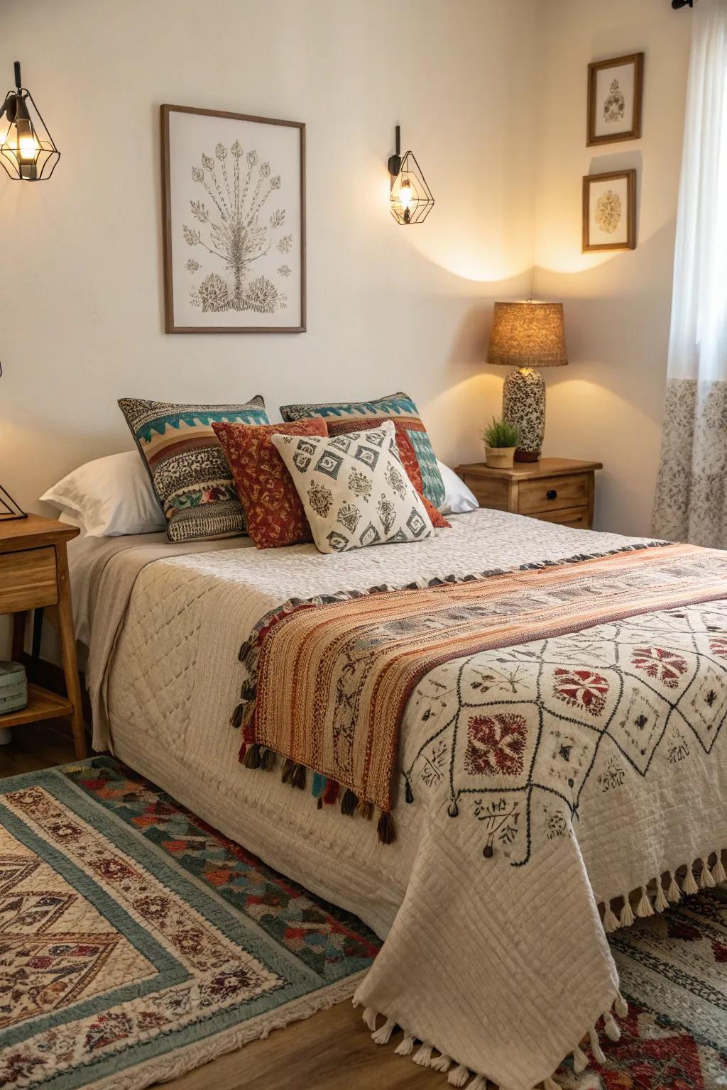 A cozy setup with layered textiles and patterned accents.