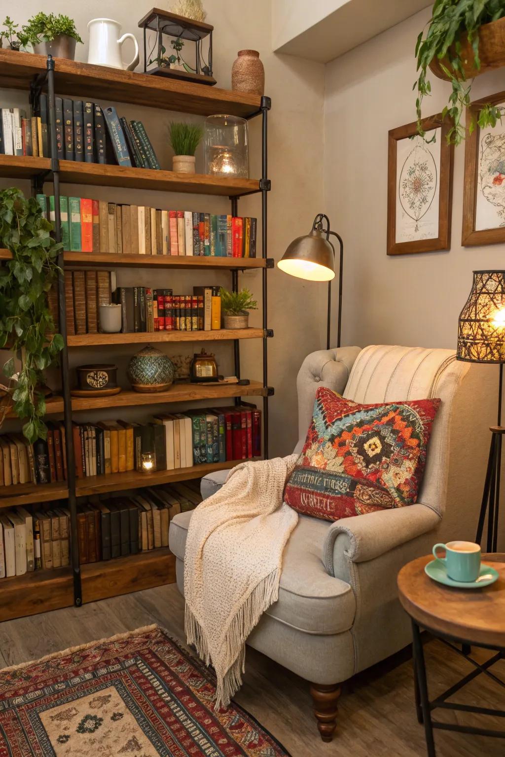 A cozy and eclectic book nook for reading lovers.